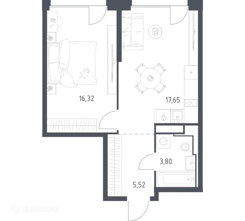 1-комнатная квартира 43.29 м² Квартал на воде