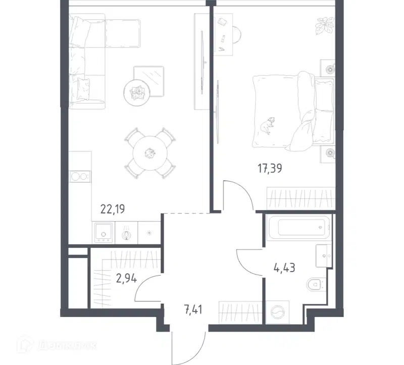 1-комнатная квартира 54.36 м² Квартал на воде