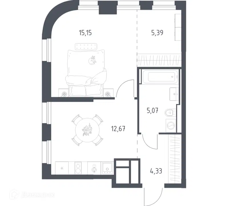 1-комнатная квартира 42.61 м² Квартал на воде
