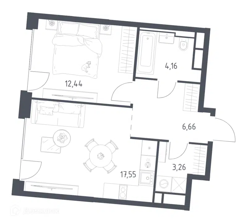 1-комнатная квартира 44.07 м² Квартал на воде