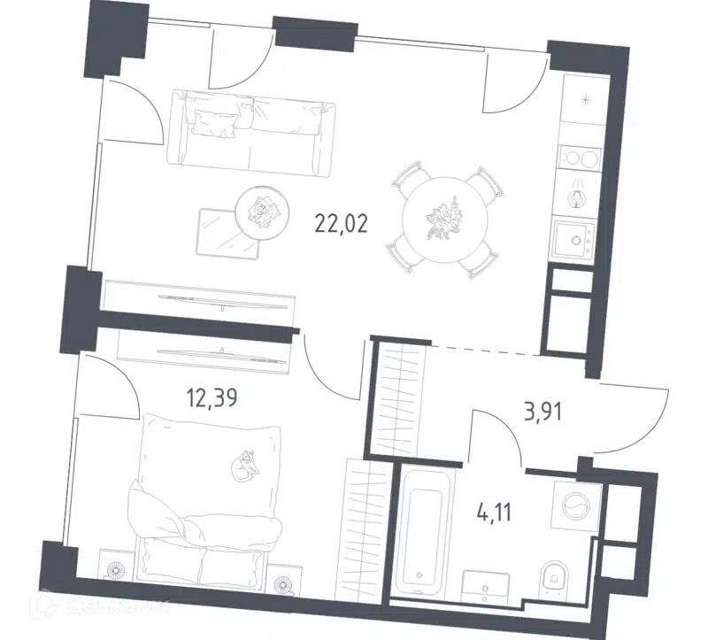 1-комнатная квартира 42.43 м² Квартал на воде