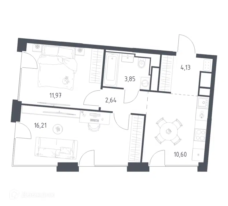 2-комнатная квартира 49.4 м² Квартал на воде