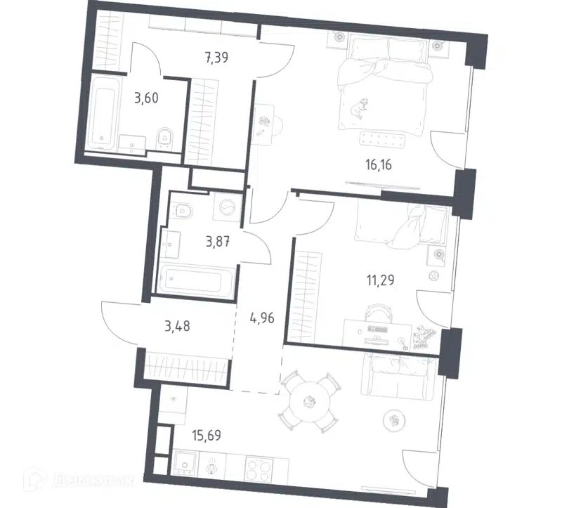 2-комнатная квартира 66.44 м² Квартал на воде