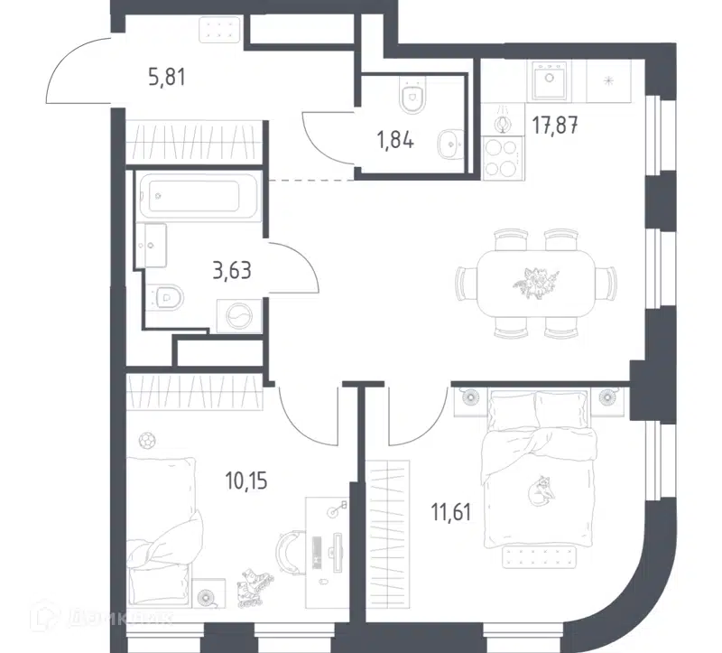 2-комнатная квартира 50.91 м² Квартал на воде