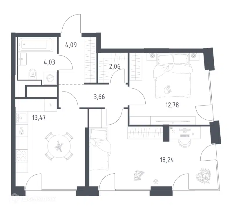 2-комнатная квартира 58.33 м² Квартал на воде