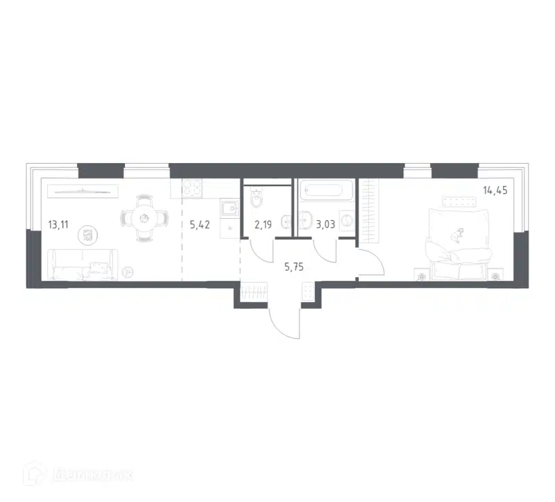 1-комнатная квартира 43.95 м² Квартал Западный