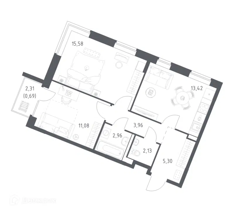 2-комнатная квартира 55.12 м² Квартал Западный