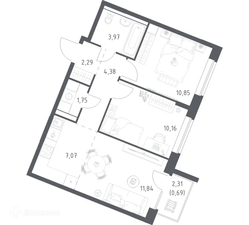 2-комнатная квартира 53 м² Квартал Западный