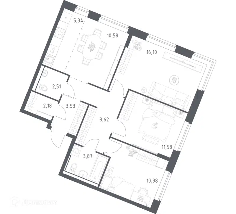3-комнатная квартира 75.29 м² Квартал Западный