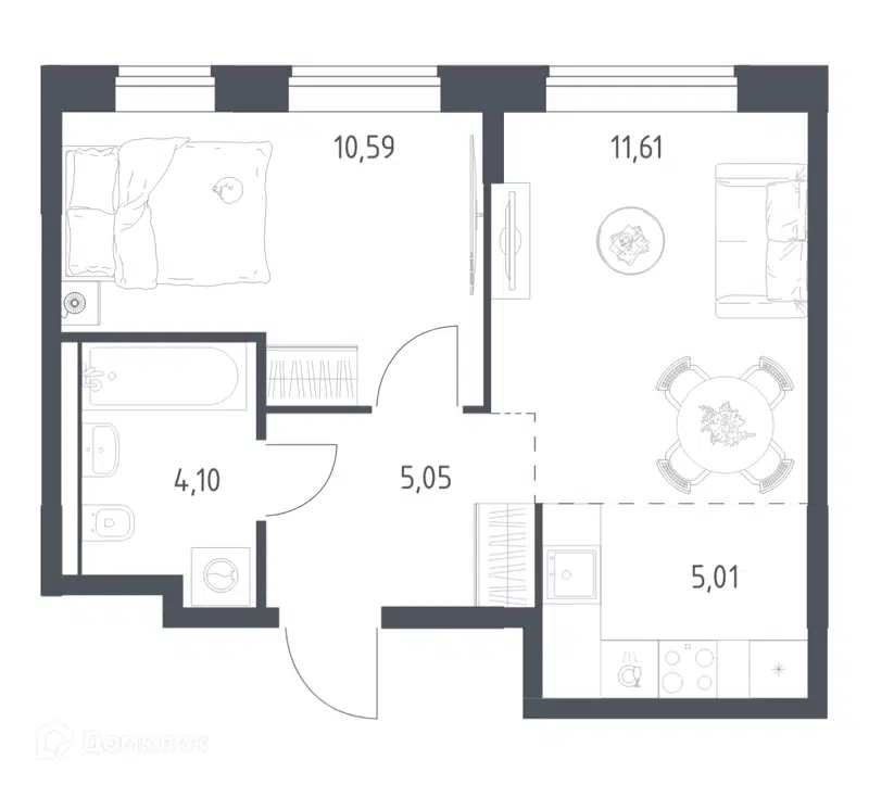 1-комнатная квартира 36.36 м² Квартал Домашний