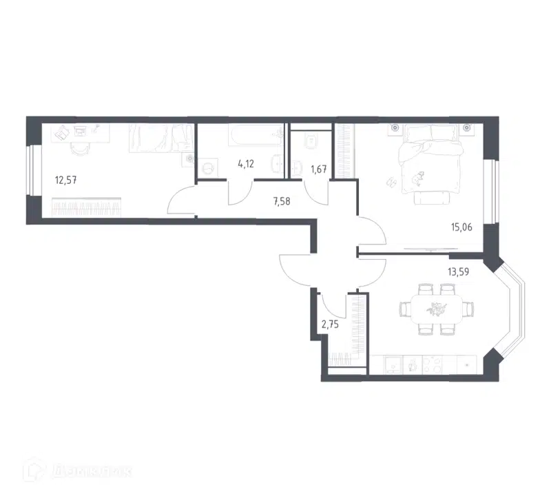 2-комнатная квартира 57.34 м² Квартал Домашний