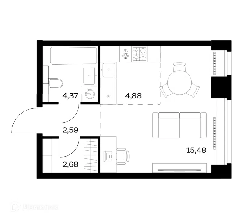 Студия 30 м² Нова