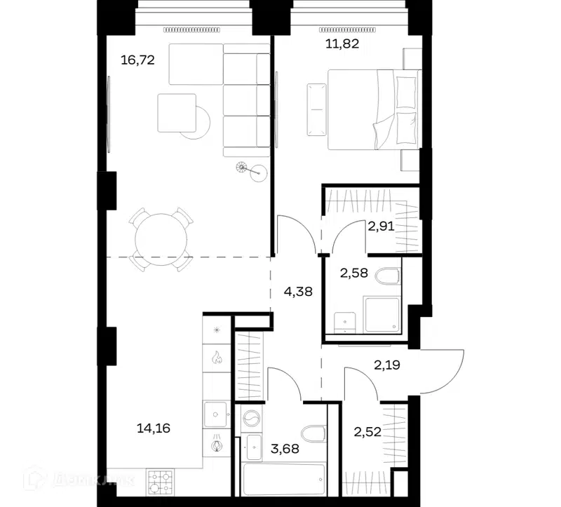1-комнатная квартира 60.96 м² Нова
