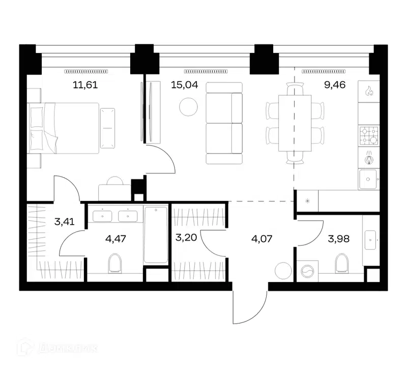 1-комнатная квартира 55.24 м² Нова