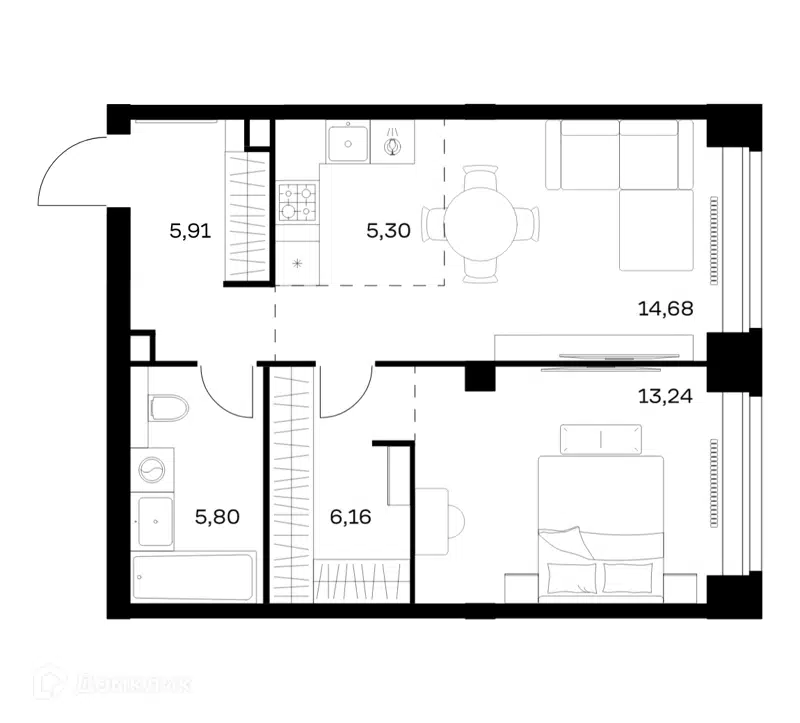1-комнатная квартира 51.09 м² Нова