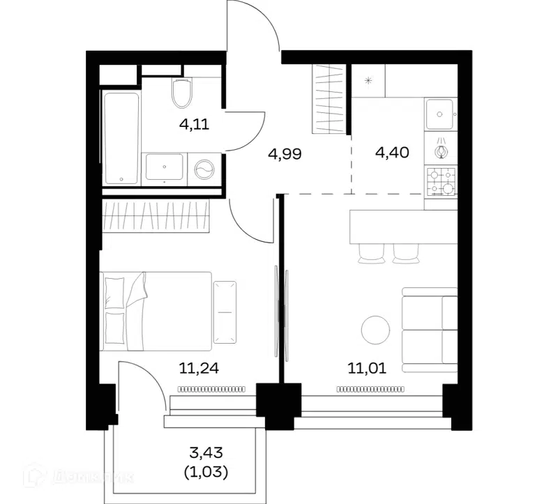 1-комнатная квартира 36.78 м² Нова