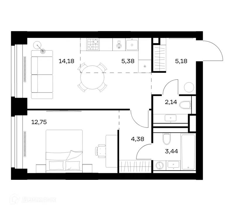 1-комнатная квартира 47.45 м² Нова