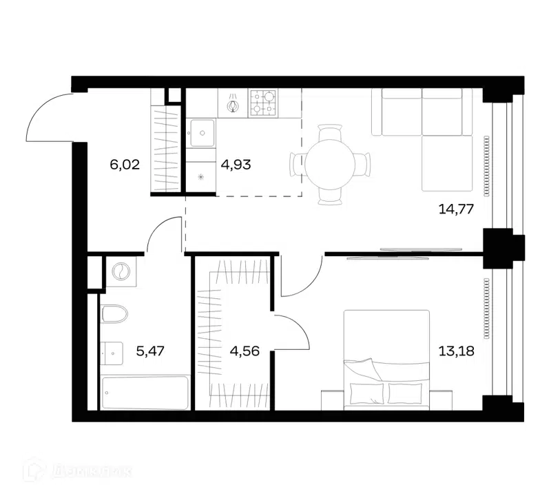 1-комнатная квартира 48.93 м² Нова