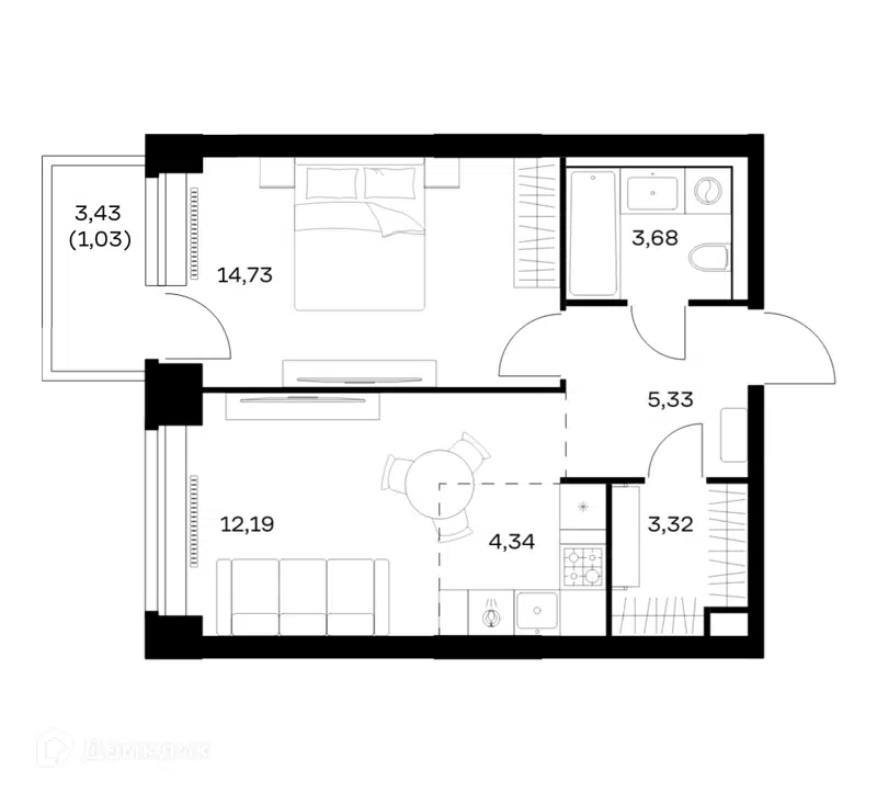 1-комнатная квартира 44.62 м² Нова