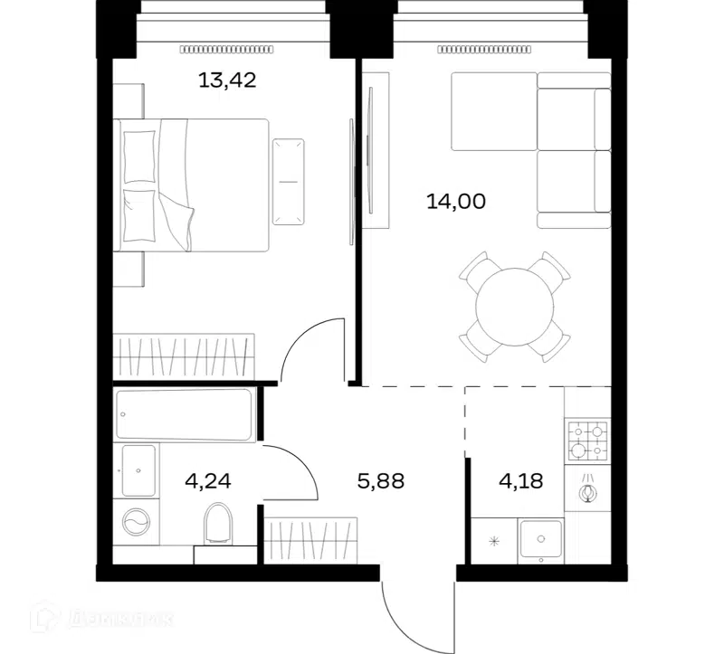 1-комнатная квартира 41.72 м² Нова