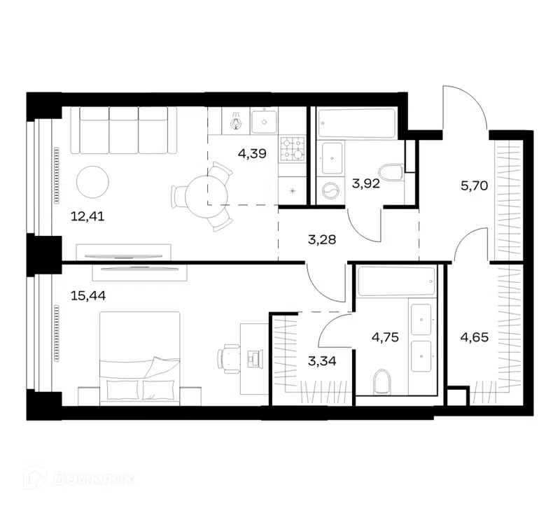 1-комнатная квартира 57.88 м² Нова