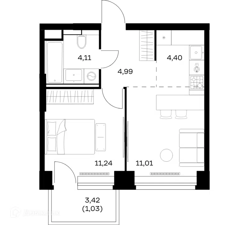 1-комнатная квартира 36.78 м² Нова