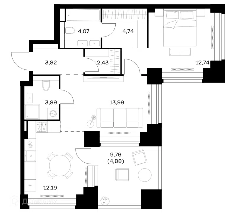 1-комнатная квартира 62.75 м² Нова