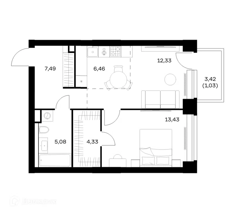 1-комнатная квартира 50.15 м² Нова