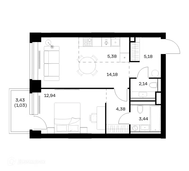 1-комнатная квартира 48.67 м² Нова