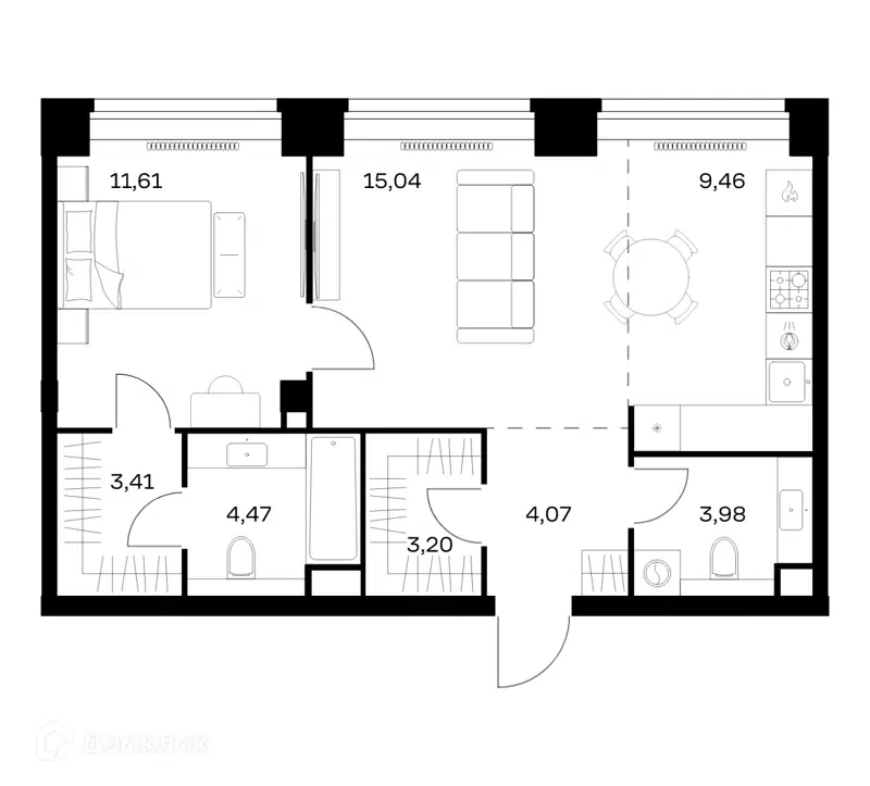 1-комнатная квартира 55.24 м² Нова