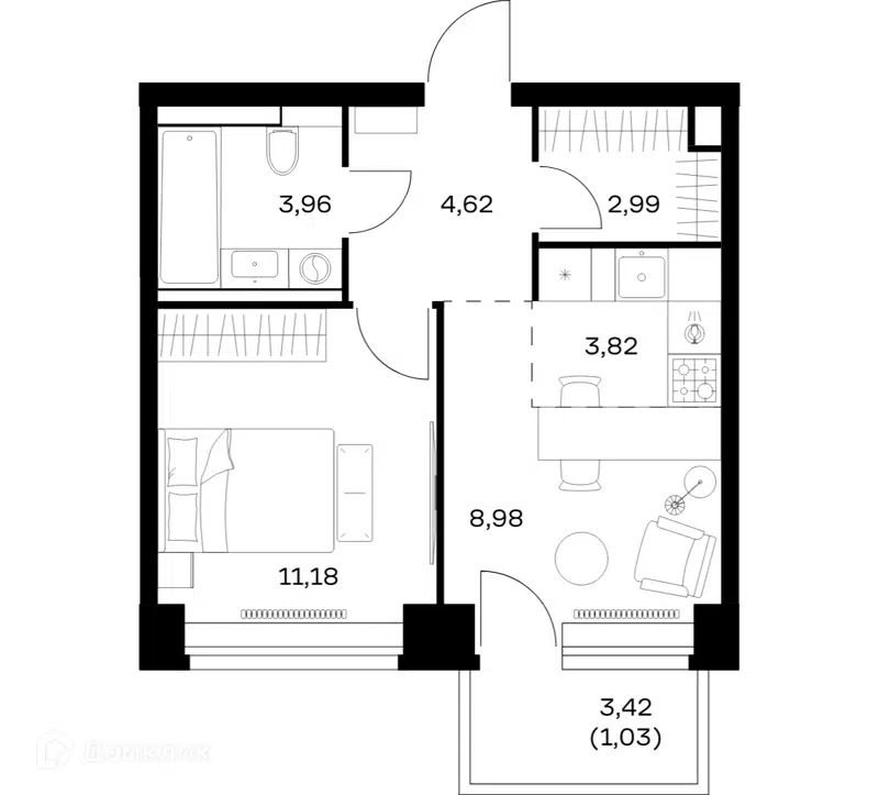 1-комнатная квартира 36.58 м² Нова