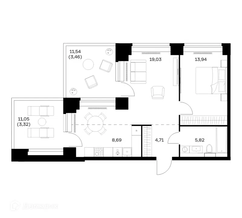 1-комнатная квартира 58.97 м² Нова