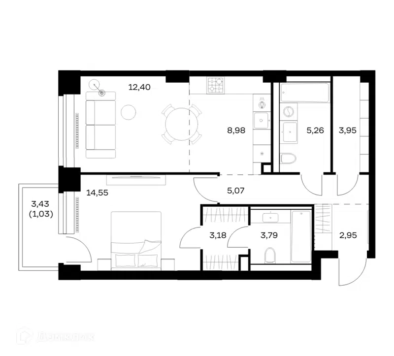 1-комнатная квартира 61.16 м² Нова