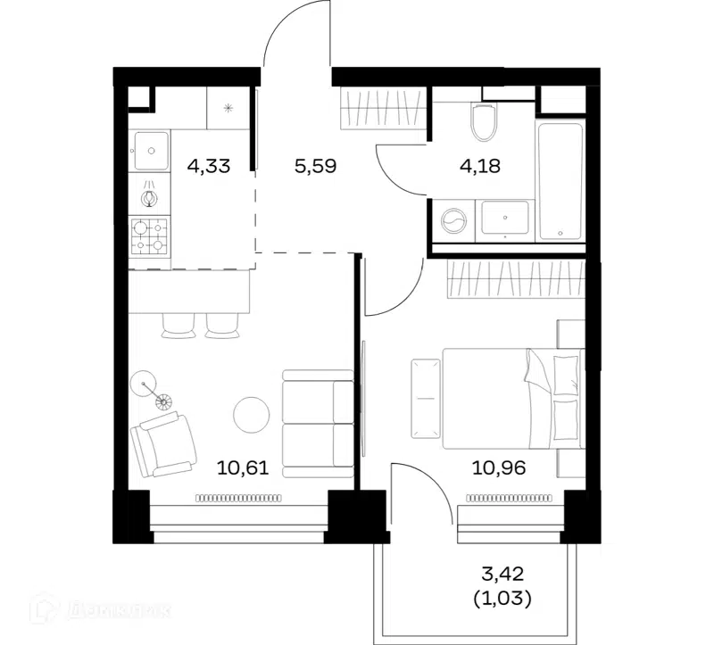 1-комнатная квартира 36.7 м² Нова