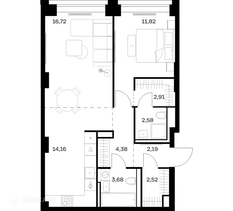 1-комнатная квартира 60.96 м² Нова
