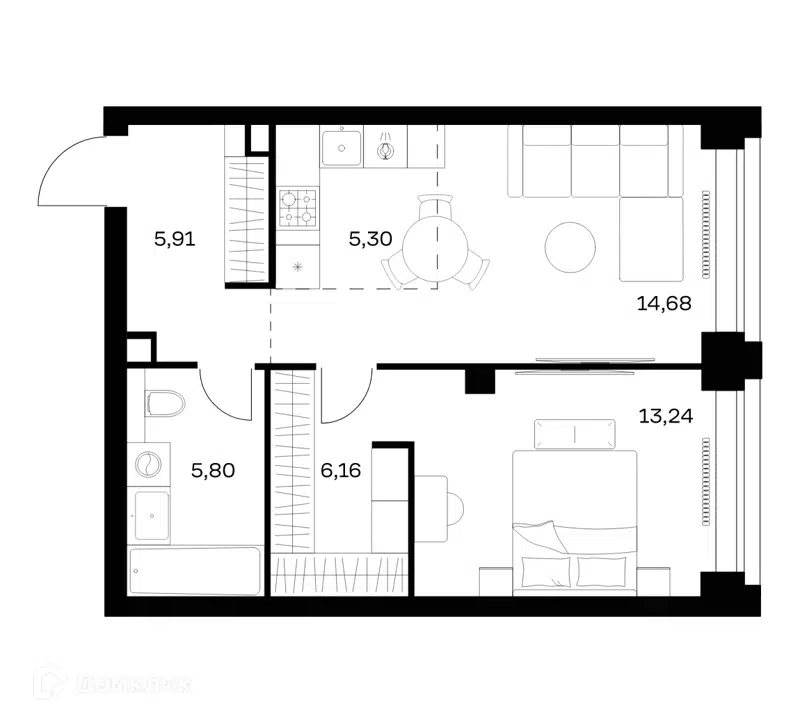1-комнатная квартира 51.09 м² Нова