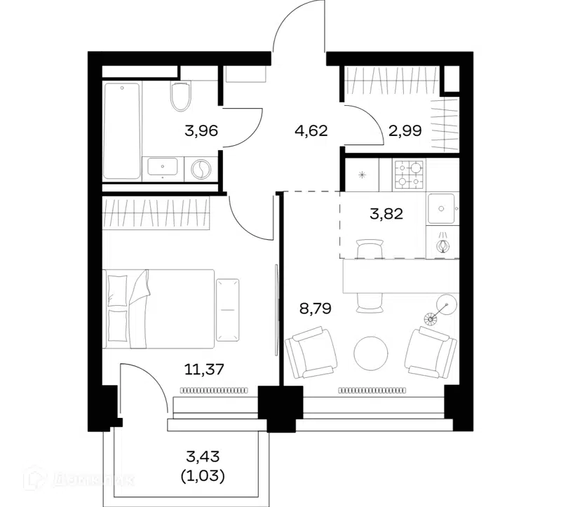 1-комнатная квартира 36.58 м² Нова