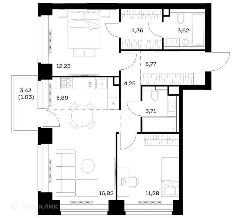 2-комнатная квартира 68.96 м² Нова