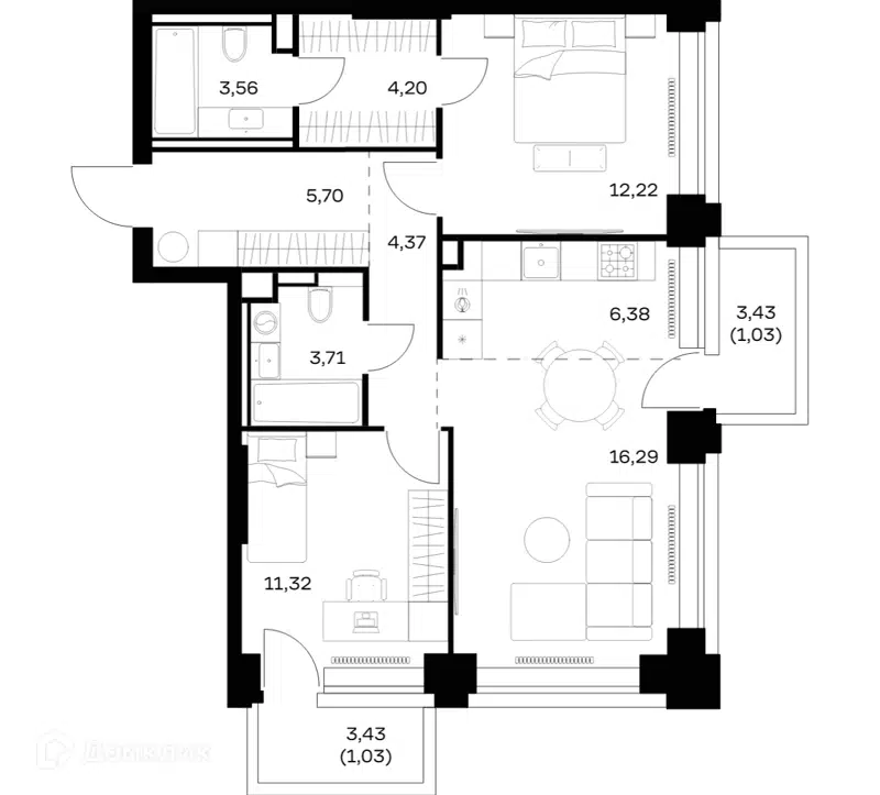 2-комнатная квартира 69.81 м² Нова