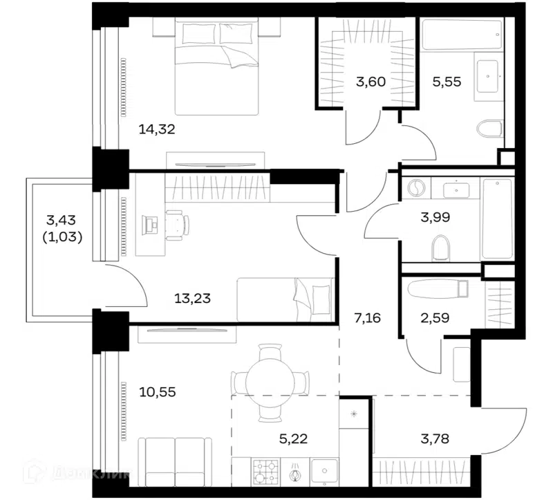 2-комнатная квартира 71.02 м² Нова