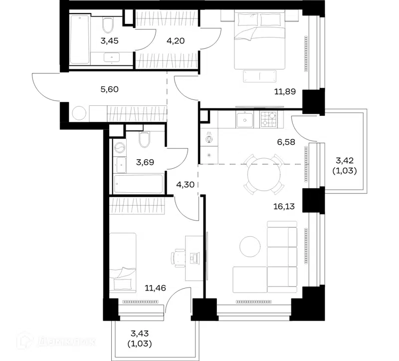2-комнатная квартира 69.36 м² Нова