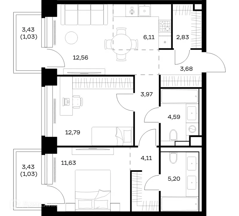2-комнатная квартира 69.53 м² Нова