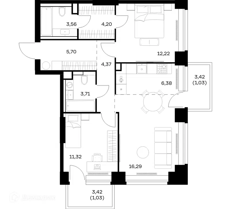 2-комнатная квартира 69.81 м² Нова