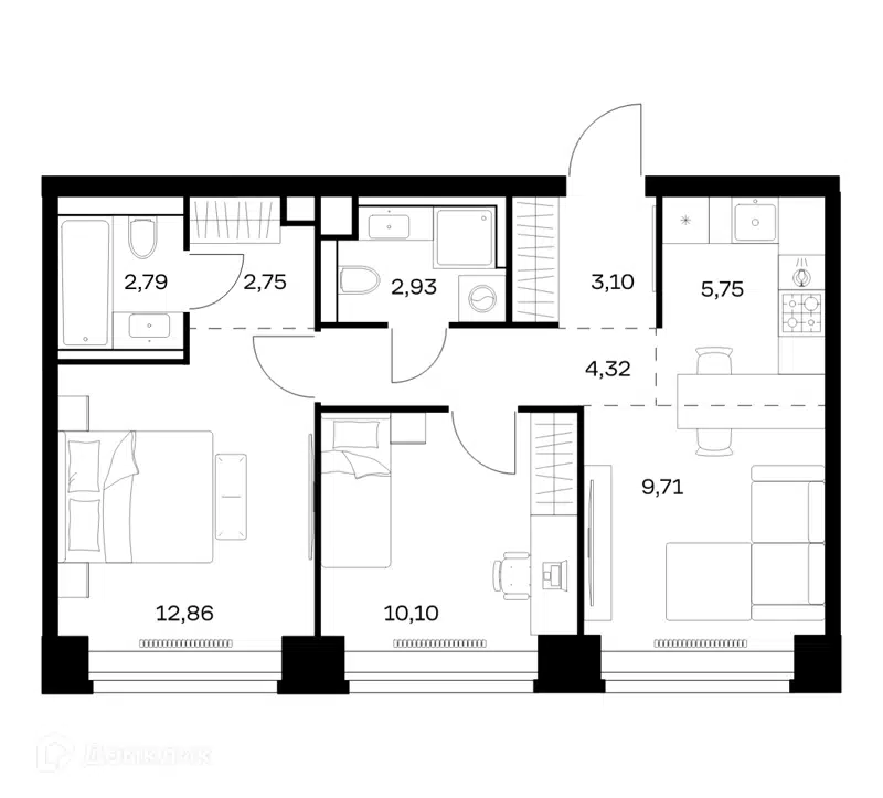 2-комнатная квартира 54.31 м² Нова