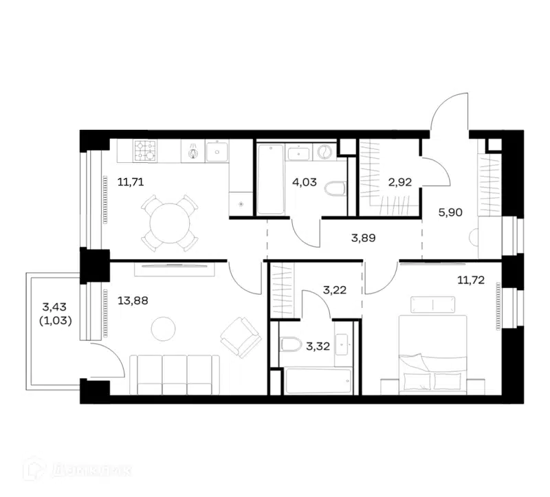2-комнатная квартира 61.62 м² Нова