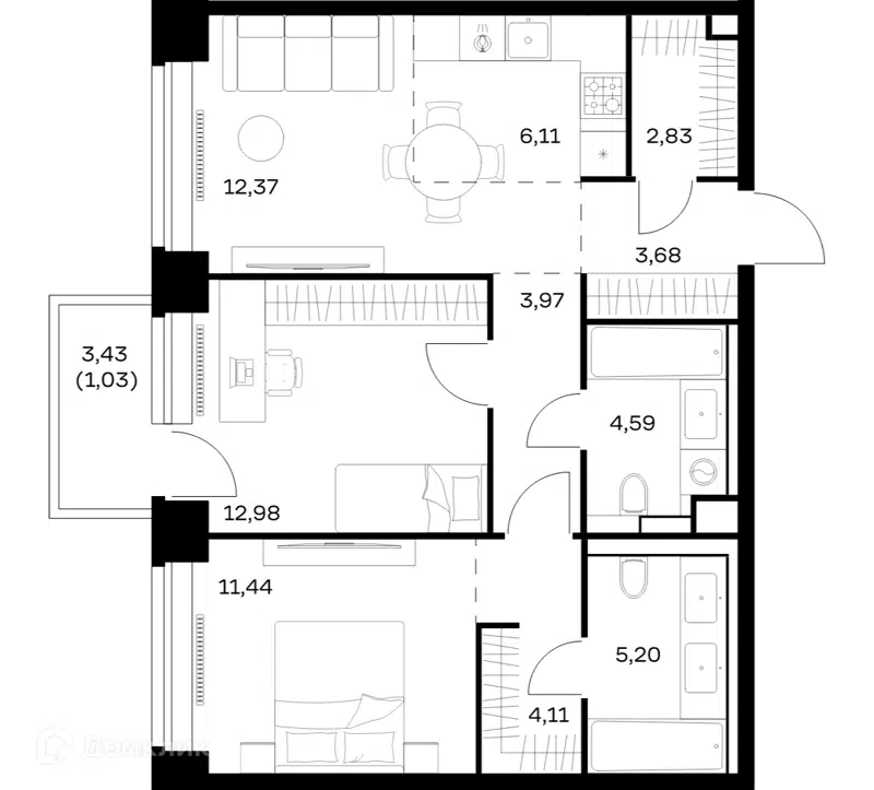 2-комнатная квартира 68.31 м² Нова