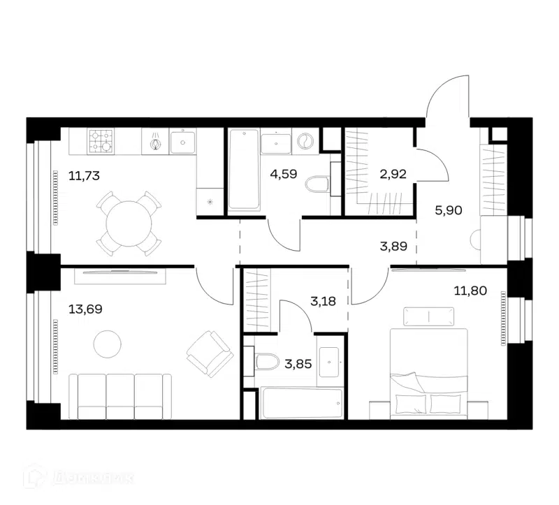 2-комнатная квартира 61.55 м² Нова