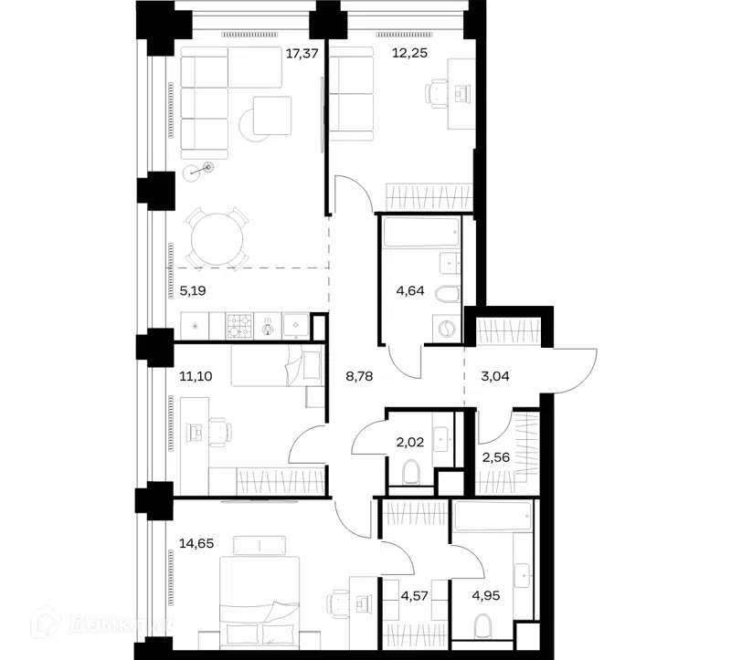 3-комнатная квартира 91.12 м² Нова