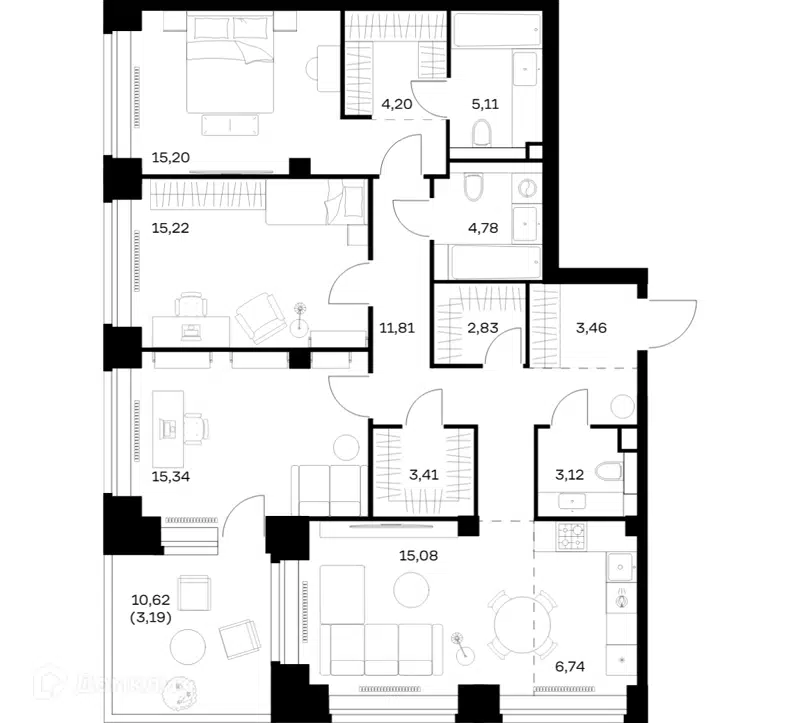 3-комнатная квартира 109.49 м² Нова