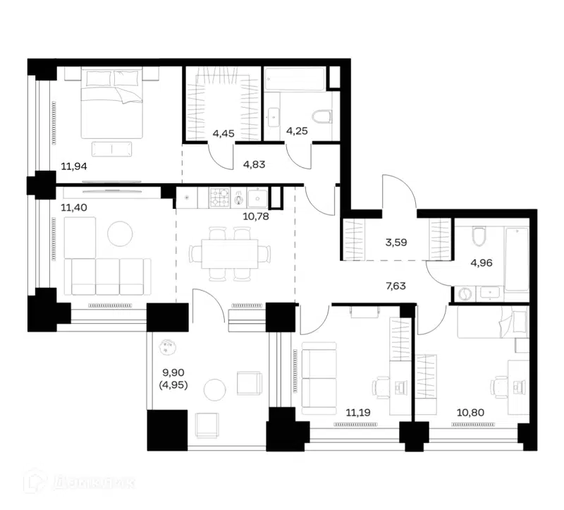 3-комнатная квартира 90.77 м² Нова